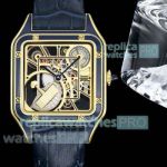 Super Clone Cartier Santos Dumont Yellow Gold Skeleton Dial Blue Strap 